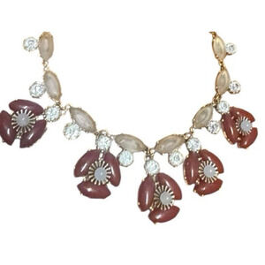 J. Crew Red Floral Statement Necklace Gold Tone cyrstal Bib Chunky Jewelry